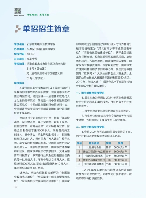 石家莊郵電職業(yè)技術(shù)學(xué)院2024年單招招生簡(jiǎn)章